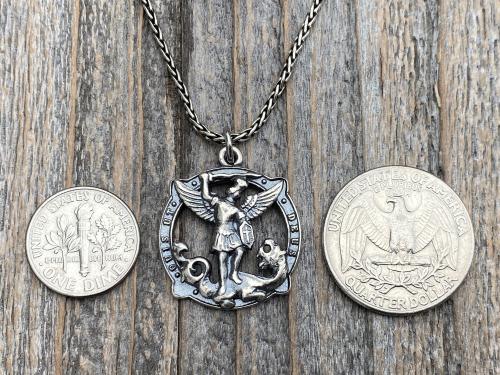 Sterling Silver Rare St Michael Quis Ut Deus Latin Medallion Necklace, Antique Replica Saint Michael the Archangel Protection Medal Pendant