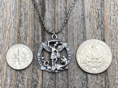 Sterling Silver Rare St Michael Quis Ut Deus Latin Medallion Necklace, Antique Replica Saint Michael the Archangel Protection Medal Pendant