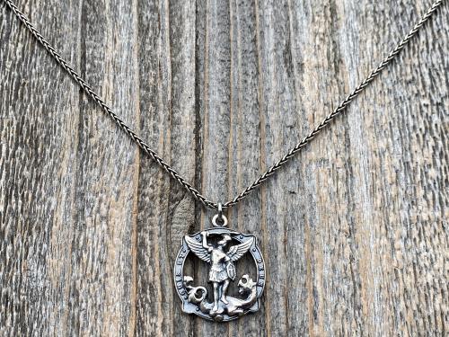 Sterling Silver Rare St Michael Quis Ut Deus Latin Medallion Necklace, Antique Replica Saint Michael the Archangel Protection Medal Pendant