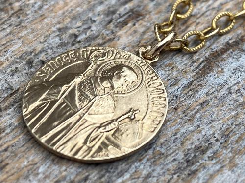 Gold St Charles Borromeo Medal and Necklace, By French Artist Tricard, Antique Replica, Patron Saint of Stomach Ailments, Weight Loss