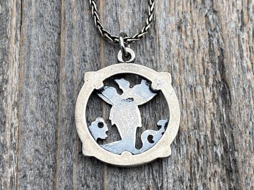 Sterling Silver Rare St Michael Quis Ut Deus Latin Medallion Necklace, Antique Replica Saint Michael the Archangel Protection Medal Pendant