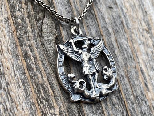 Sterling Silver Rare St Michael Quis Ut Deus Latin Medallion Necklace, Antique Replica Saint Michael the Archangel Protection Medal Pendant