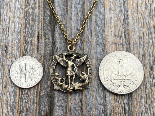 Antique Gold Latin St Michael Quis Ut Deus Rare Medallion Necklace, Antique Replica Saint Michael the Archangel, Protection Medal Pendant