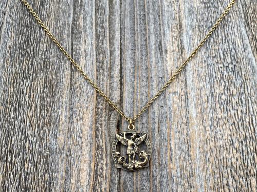 Antique Gold Latin St Michael Quis Ut Deus Rare Medallion Necklace, Antique Replica Saint Michael the Archangel, Protection Medal Pendant