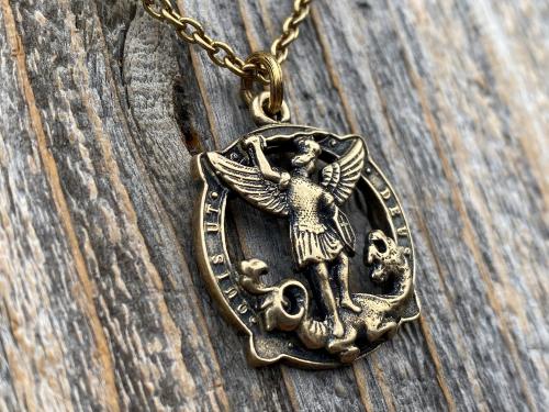 Antique Gold Latin St Michael Quis Ut Deus Rare Medallion Necklace, Antique Replica Saint Michael the Archangel, Protection Medal Pendant