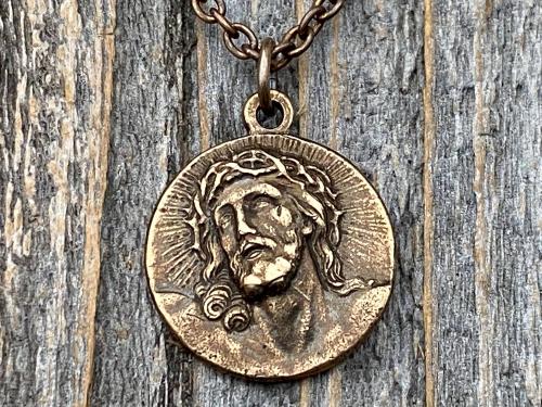 Bronze Our Savior Lord Jesus Christ Medallion on Necklace, Antique Replica of French Medal Pendant, Reverses to a Jerusalem Crusaders Cross