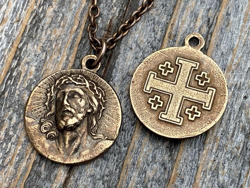 Bronze Our Savior Lord Jesus Christ Medallion on Necklace, Antique Replica of French Medal Pendant, Reverses to a Jerusalem Crusaders Cross