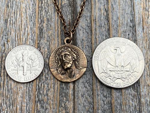 Bronze Our Savior Lord Jesus Christ Medallion on Necklace, Antique Replica of French Medal Pendant, Reverses to a Jerusalem Crusaders Cross