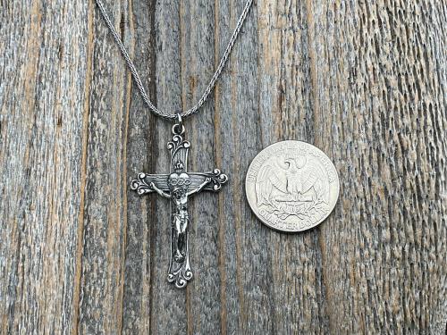 Sterling Silver Sacred Heart of Jesus Crucifix, Pendant Necklace, Antique Replica, Large Sterling Silver Crucifix, Big Sacred Heart Pendant