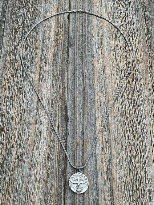 Sterling Silver Come Holy Ghost Medal, Holy Spirit Pendant Necklace, Antique Replica, Sacred Heart of Jesus, Veni Sancte Spiritus, VSS-1