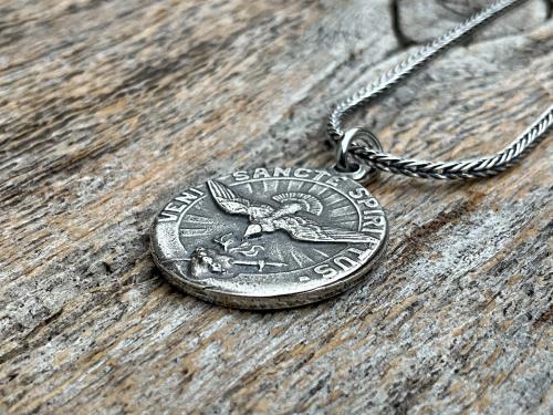 Sterling Silver Come Holy Ghost Medal, Holy Spirit Pendant Necklace, Antique Replica, Sacred Heart of Jesus, Veni Sancte Spiritus, VSS-1