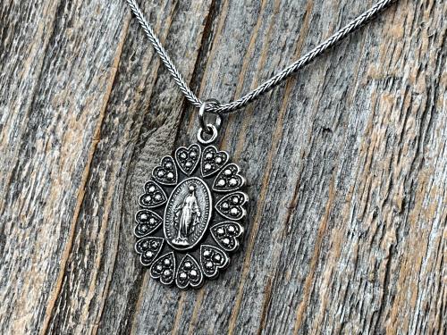 Sterling Silver Miraculous Medal Pendant Necklace, Hearts Border, Antique Replica, Blessed Virgin Mary Medal, Immaculate Virgin Mary, MM5