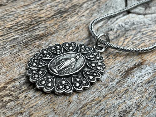 Sterling Silver Miraculous Medal Pendant Necklace, Hearts Border, Antique Replica, Blessed Virgin Mary Medal, Immaculate Virgin Mary, MM5