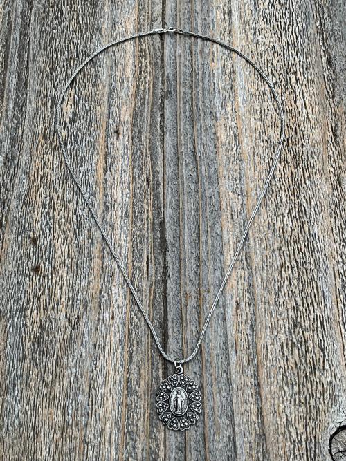 Sterling Silver Miraculous Medal Pendant Necklace, Hearts Border, Antique Replica, Blessed Virgin Mary Medal, Immaculate Virgin Mary, MM5