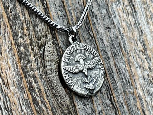 Sterling Silver Come Holy Ghost Medal, Holy Spirit Pendant Necklace, Antique Replica, Sacred Heart of Jesus, Veni Sancte Spiritus, VSS-1