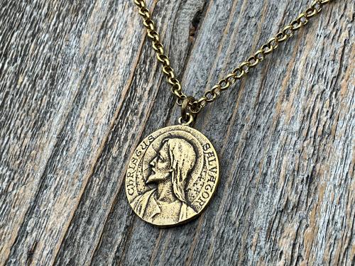 Antique Gold Jesus Christ Medallion Pendant, French Antique Replica, Signed by Louis Tricard, Latin Christus Salvator - Christ the Savior