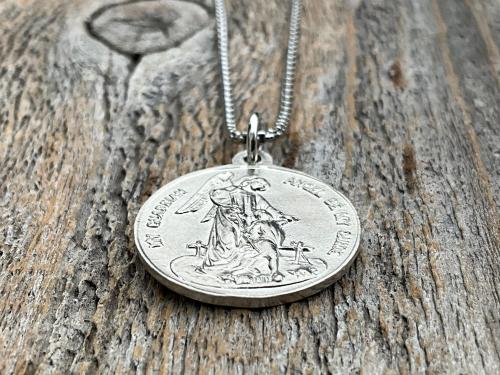 Shiny Sterling Silver St Michael the Archangel & Guardian Angel Medal Pendant on Necklace, Antique Replica of Rare Two-Sided Medallion, M3