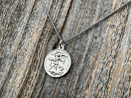 Shiny Sterling Silver St Michael the Archangel & Guardian Angel Medal Pendant on Necklace, Antique Replica of Rare Two-Sided Medallion, M3