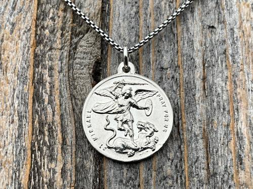 Shiny Sterling Silver St Michael the Archangel & Guardian Angel Medal Pendant on Necklace, Antique Replica of Rare Two-Sided Medallion, M3