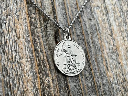 Shiny Sterling Silver St Michael the Archangel & Guardian Angel Medal Pendant on Necklace, Antique Replica of Rare Two-Sided Medallion, M3