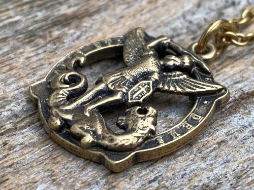 Antique Gold Latin St Michael Quis Ut Deus Rare Medallion Necklace, Antique Replica Saint Michael the Archangel, Protection Medal Pendant