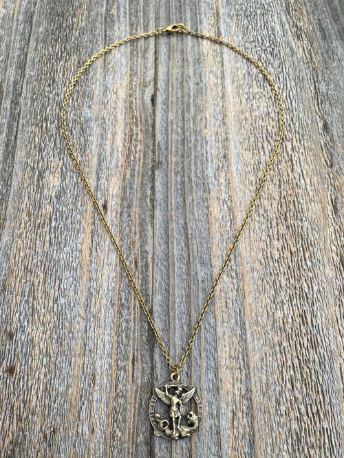 Antique Gold Latin St Michael Quis Ut Deus Rare Medallion Necklace, Antique Replica Saint Michael the Archangel, Protection Medal Pendant