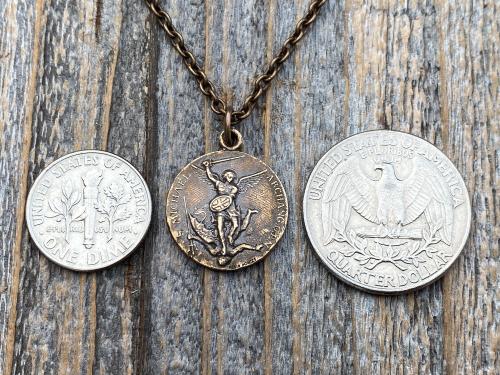 Bronze St Michael Medallion Necklace, Antique Replica French Saint Michael the Archangel Pendant, Souvenir of Mont St Michel France by Penin