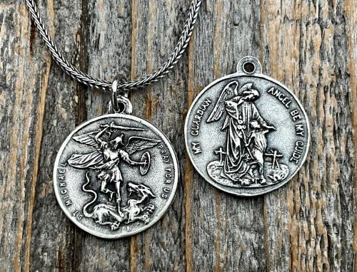 Sterling Silver St Michael the Archangel & GuardianAngel Medal Pendant on Necklace, Antique Replica Rare Two-Sided Protection Medallion, M3