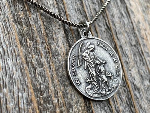 Sterling Silver St Michael the Archangel & GuardianAngel Medal Pendant on Necklace, Antique Replica Rare Two-Sided Protection Medallion, M3