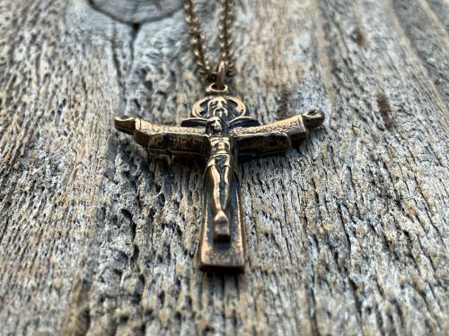 Bronze Trinity Crucifix Pendant and Necklace, Antique Replica, Father Son and Holy Spirit Medal, 3-in-1 Crucifix, Latin: A HERI HODIE SEMPER