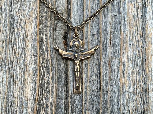 Bronze Trinity Crucifix Pendant and Necklace, Antique Replica, Father Son and Holy Spirit Medal, 3-in-1 Crucifix, Latin: A HERI HODIE SEMPER