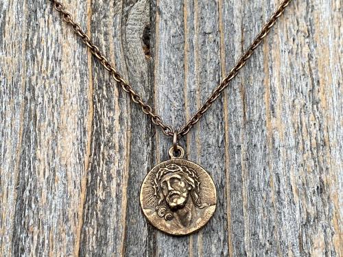 Bronze Our Savior Lord Jesus Christ Medallion on Necklace, Antique Replica of French Medal Pendant, Reverses to a Jerusalem Crusaders Cross