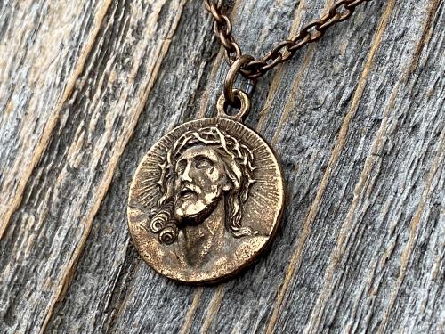 Bronze Our Savior Lord Jesus Christ Medallion on Necklace, Antique Replica of French Medal Pendant, Reverses to a Jerusalem Crusaders Cross