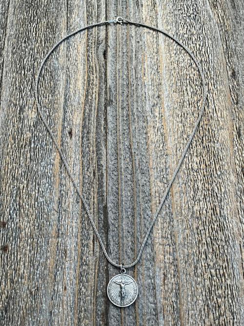 Sterling Silver Crucifix on Circle Disc & Lourdes Grotto Two-Sided French Antique Replica Round Medallion Pendant on Necklace, By OBC