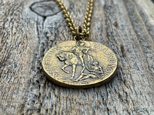 Antique Gold Latin St Martin of Tours Medallion Necklace, French Antique Replica, Sanctus Martinus Turonensis Bishop of Tours, by Penin Lyon