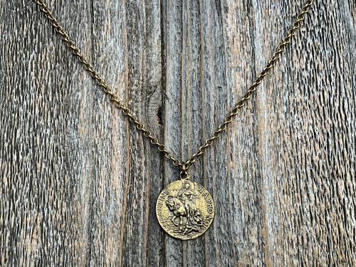 Antique Gold Latin St Martin of Tours Medallion Necklace, French Antique Replica, Sanctus Martinus Turonensis Bishop of Tours, by Penin Lyon