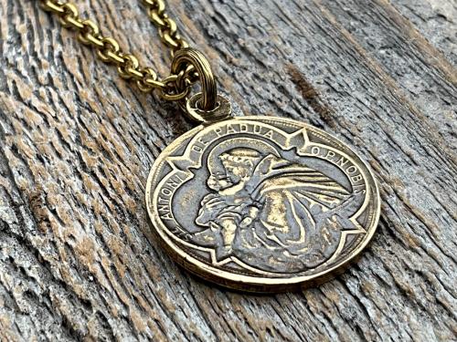 Antique Gold St Anthony of Padua Medallion & Necklace, Antique Replica of French Latin Medal, Two-Sided Pendant with St Francis of Assisi