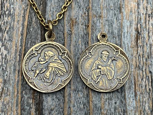 Antique Gold St Anthony of Padua Medallion & Necklace, Antique Replica of French Latin Medal, Two-Sided Pendant with St Francis of Assisi