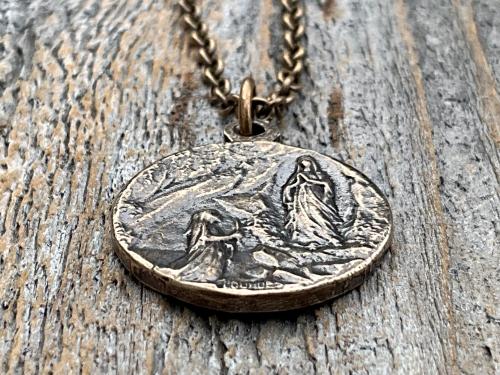 Bronze Crucifix on Circle Disc & Lourdes Grotto Two-Sided French Antique Replica Round Medallion Pendant on Necklace, Medal Signed by OBC