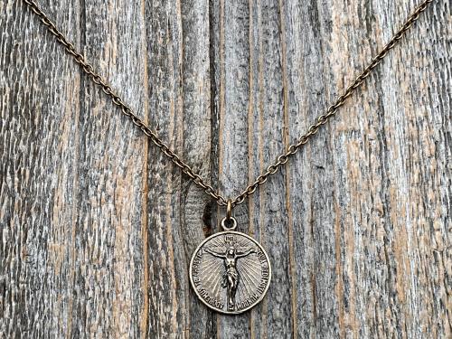 Bronze Crucifix on Circle Disc & Lourdes Grotto Two-Sided French Antique Replica Round Medallion Pendant on Necklace, Medal Signed by OBC