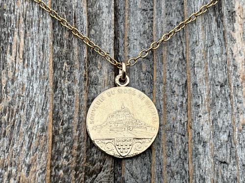 Gold St Michael Medallion Necklace, Antique Replica French Saint Michael the Archangel Pendant, Souvenir of Mont St Michel France by Penin