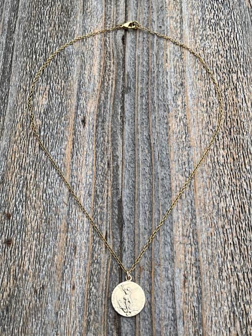 Gold St Michael Medallion Necklace, Antique Replica French Saint Michael the Archangel Pendant, Souvenir of Mont St Michel France by Penin