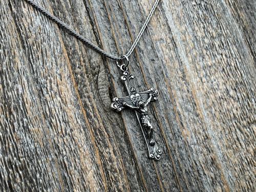 Sterling Silver Sacred Heart of Jesus Crucifix, Pendant Necklace, Antique Replica, Large Sterling Silver Crucifix, Big Sacred Heart Pendant