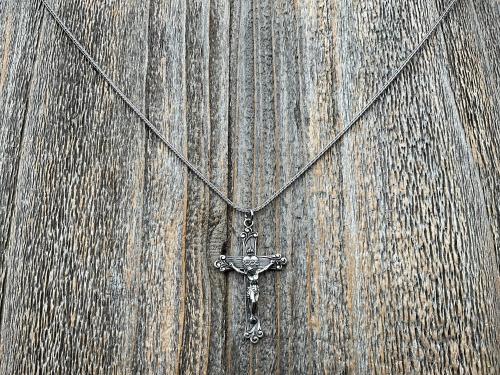 Sterling Silver Sacred Heart of Jesus Crucifix, Pendant Necklace, Antique Replica, Large Sterling Silver Crucifix, Big Sacred Heart Pendant