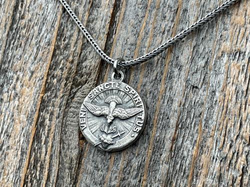 Sterling Silver Come Holy Ghost Medal, Holy Spirit Pendant Necklace, Antique Replica, Sacred Heart of Jesus, Veni Sancte Spiritus, VSS-1