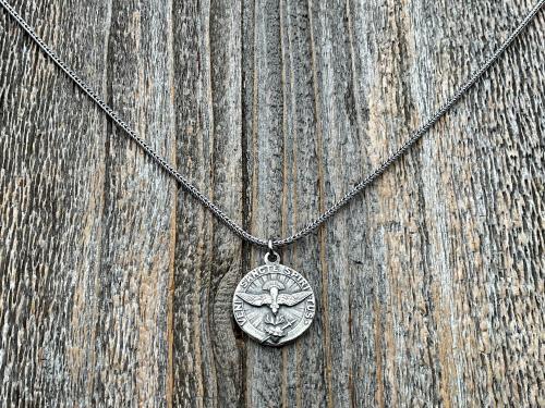 Sterling Silver Come Holy Ghost Medal, Holy Spirit Pendant Necklace, Antique Replica, Sacred Heart of Jesus, Veni Sancte Spiritus, VSS-1