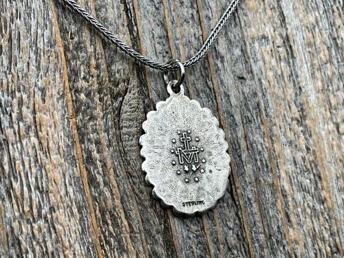 Sterling Silver Miraculous Medal Pendant Necklace, Hearts Border, Antique Replica, Blessed Virgin Mary Medal, Immaculate Virgin Mary, MM5