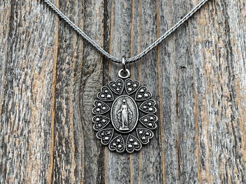 Sterling Silver Miraculous Medal Pendant Necklace, Hearts Border, Antique Replica, Blessed Virgin Mary Medal, Immaculate Virgin Mary, MM5