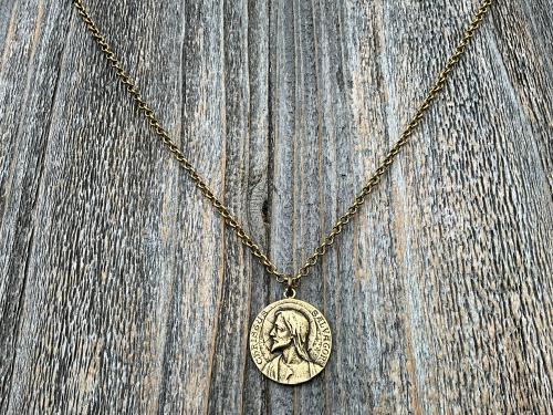 Antique Gold Jesus Christ Medallion Pendant, French Antique Replica, Signed by Louis Tricard, Latin Christus Salvator - Christ the Savior