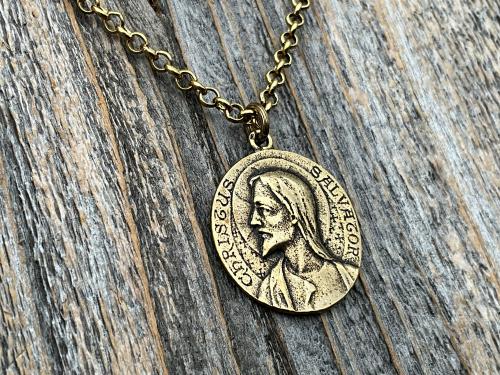 Antique Gold Jesus Christ Medallion Pendant, French Antique Replica, Signed by Louis Tricard, Latin Christus Salvator - Christ the Savior